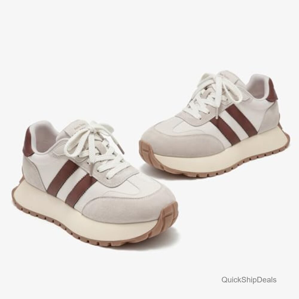 Genuine Leather Chunky Platform Retro Sneakers, Non-Slip Walking Shoes - Picture 7 of 7